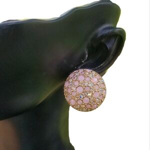 SWAROVSKI 1980s GOLDTONE WITH PINK & AB CRYSTAL DOME BUTTON CLIP ON EARRINGS